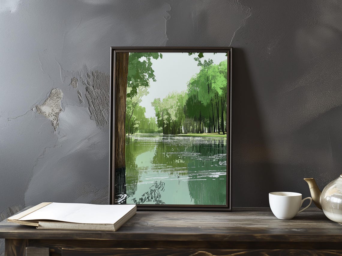 Vallotton Inspired Still Green Pond with Tree Reflections Poster