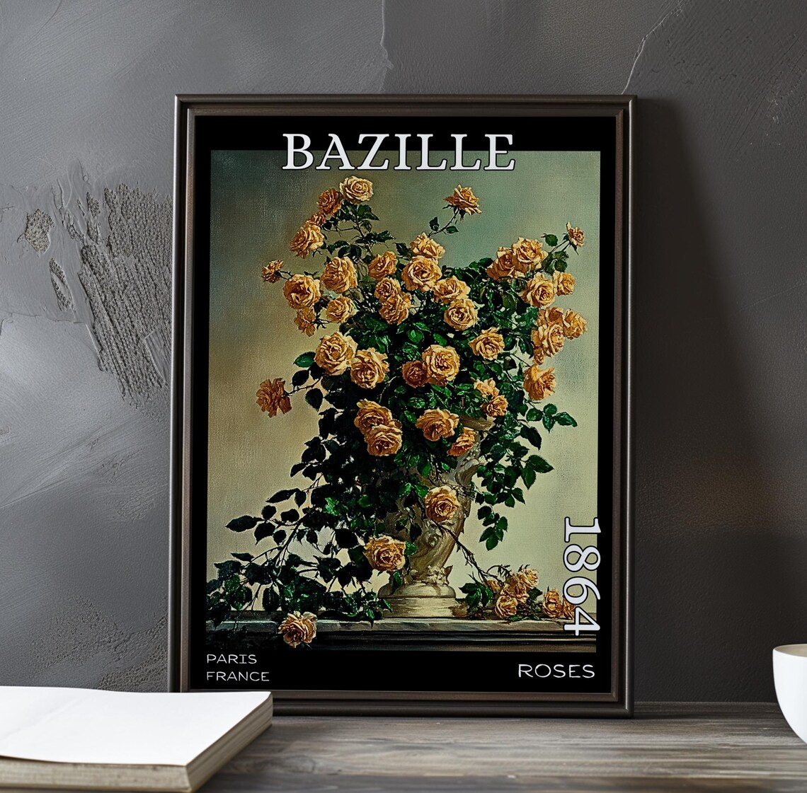 Bazille Roses 1864 Golden Rose Bush Blooming in Stone Urn Poster