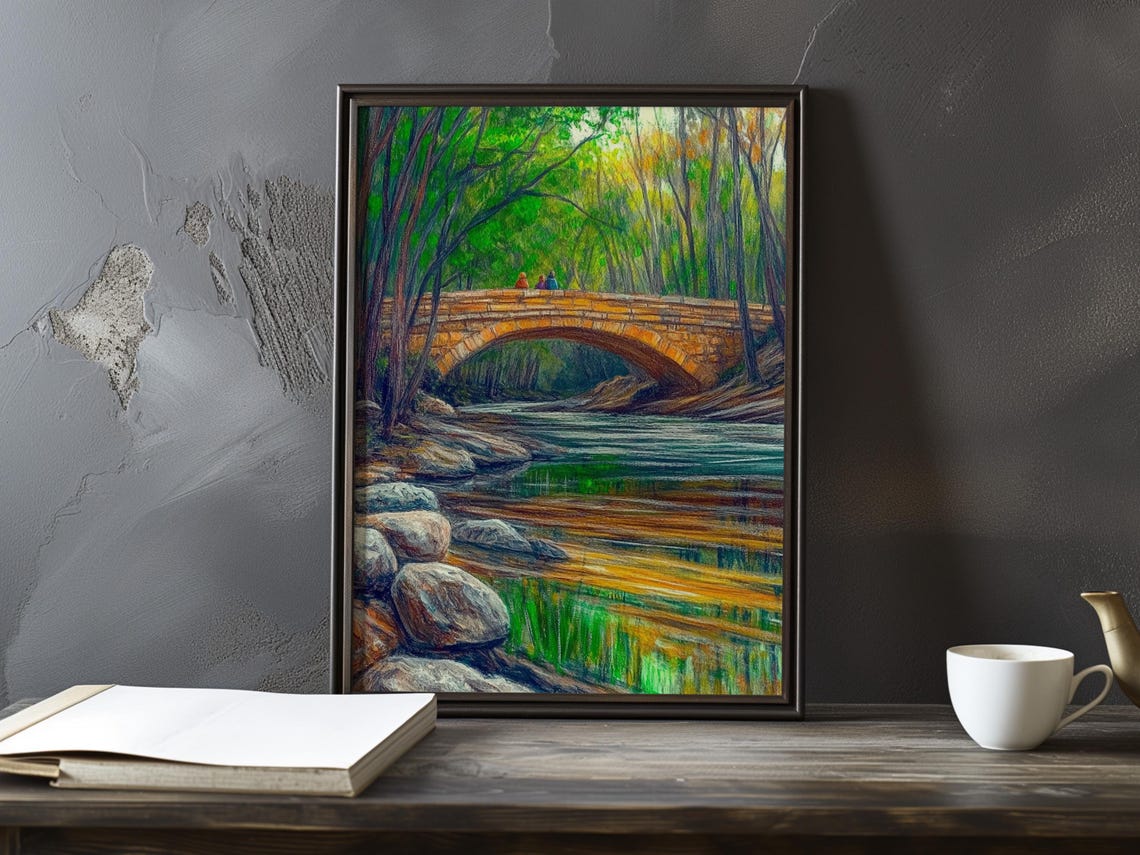 Stone Arch Bridge Over A Peaceful Forest River Landscape Poster