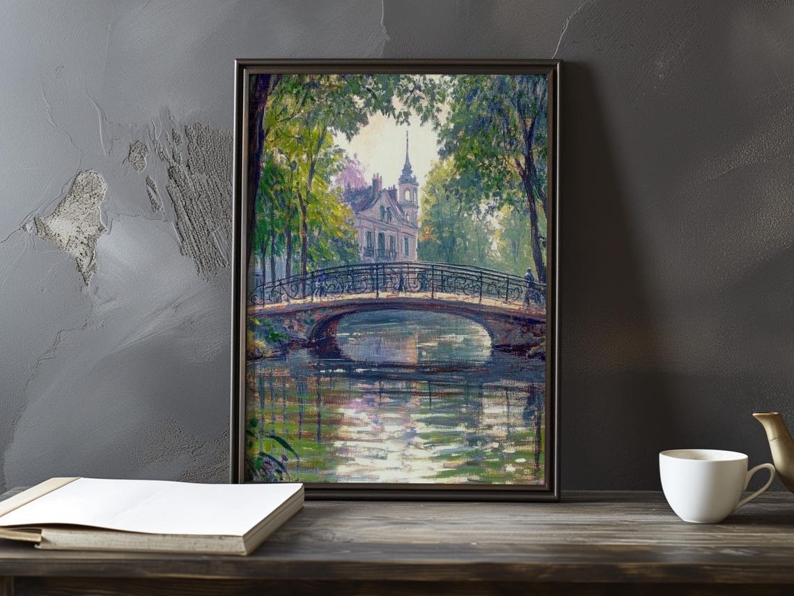 Ornate Iron Bridge Before A Riverside Chateau Morning Poster