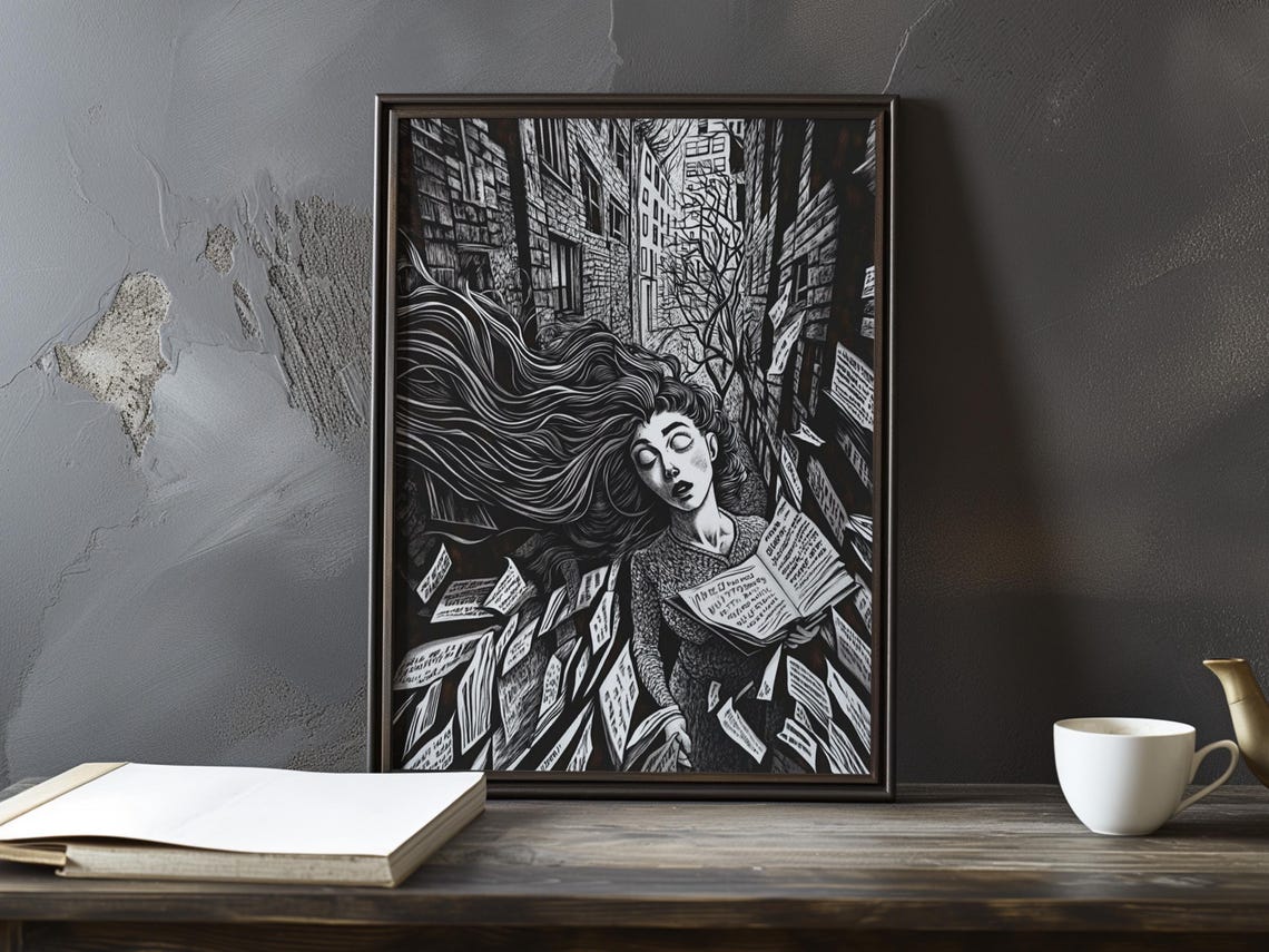 Windblown Woman with Flying Newspapers Black and White Art Poster