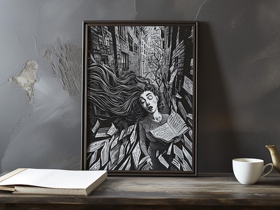 Windblown Woman with Flying Newspapers Black and White Art Poster