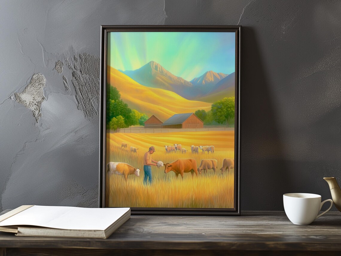 Farmer Feeding Cows in a Golden Field Before Mountains Poster