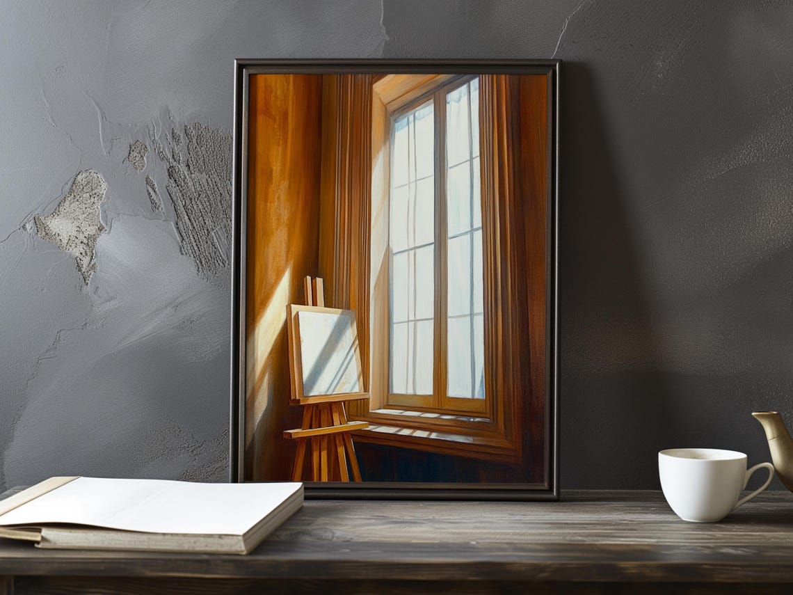 Golden Easel by Tall Sunlit Window Artist Studio Interior Poster
