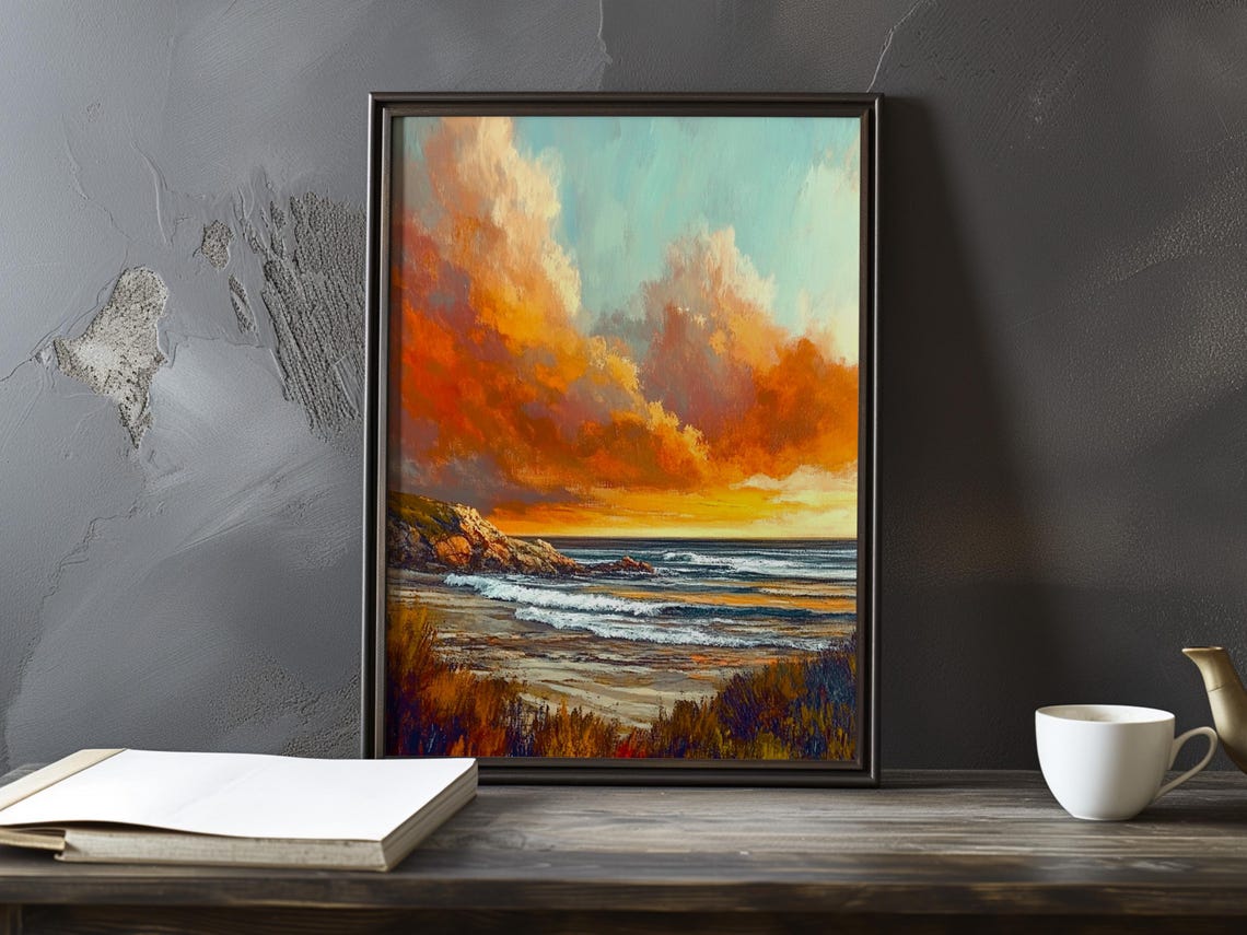 Fiery Sunset Clouds Over a Rocky Shoreline Impressionist Poster