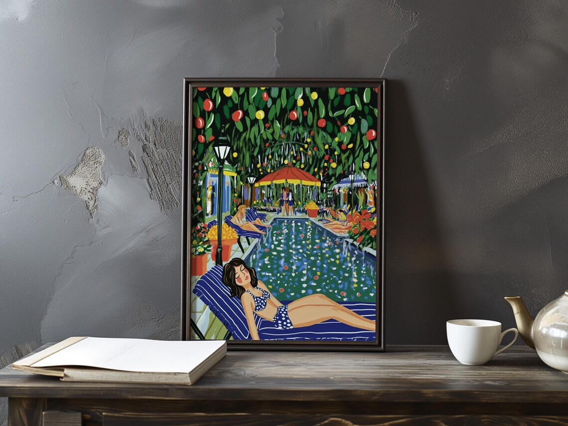 Woman Sunbathing by a Pool Under Fruit Trees Fauvist Art Poster