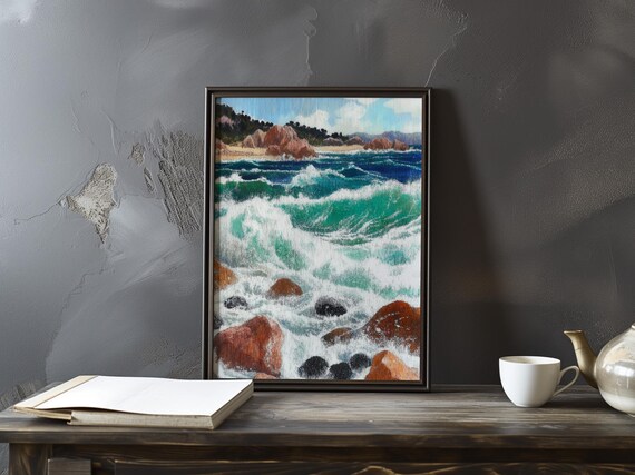 Turquoise Breakers Over Red and Black Rocks by a Headland Art Poster