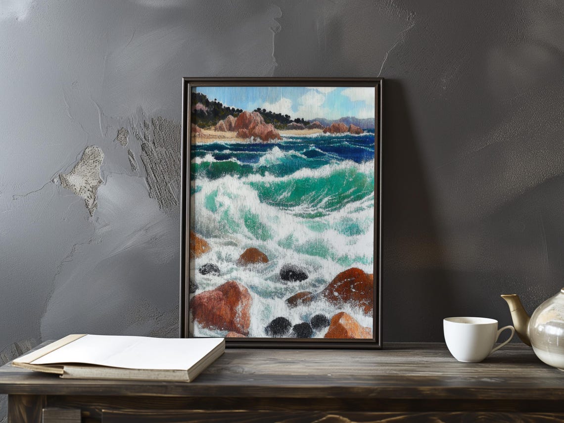 Turquoise Breakers Over Red and Black Rocks by a Headland Art Poster