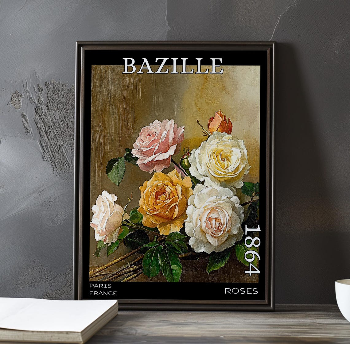 Bazille Roses 1864 Pastel Rose Bouquet on Warm Bronze Backdrop Poster