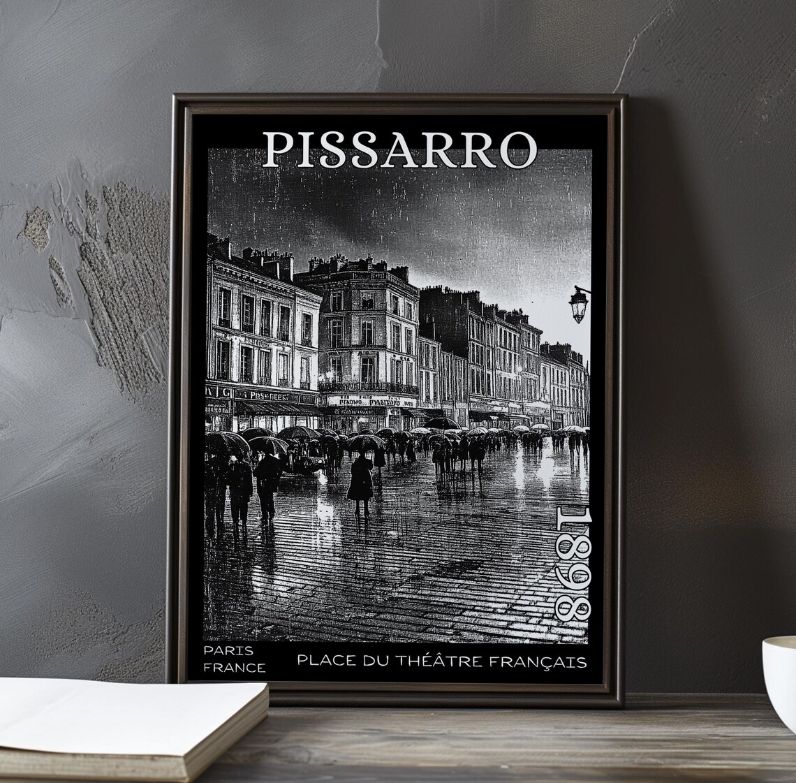 Pissarro Place du Théâtre Français 1898 Black White Rainy Night Poster