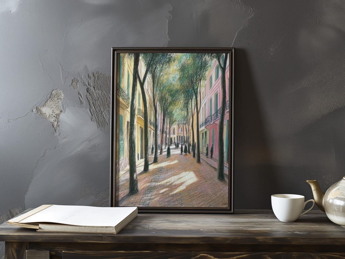 Tree-Lined Promenade With Crowds in Warm Sunlight Impressionist Poster