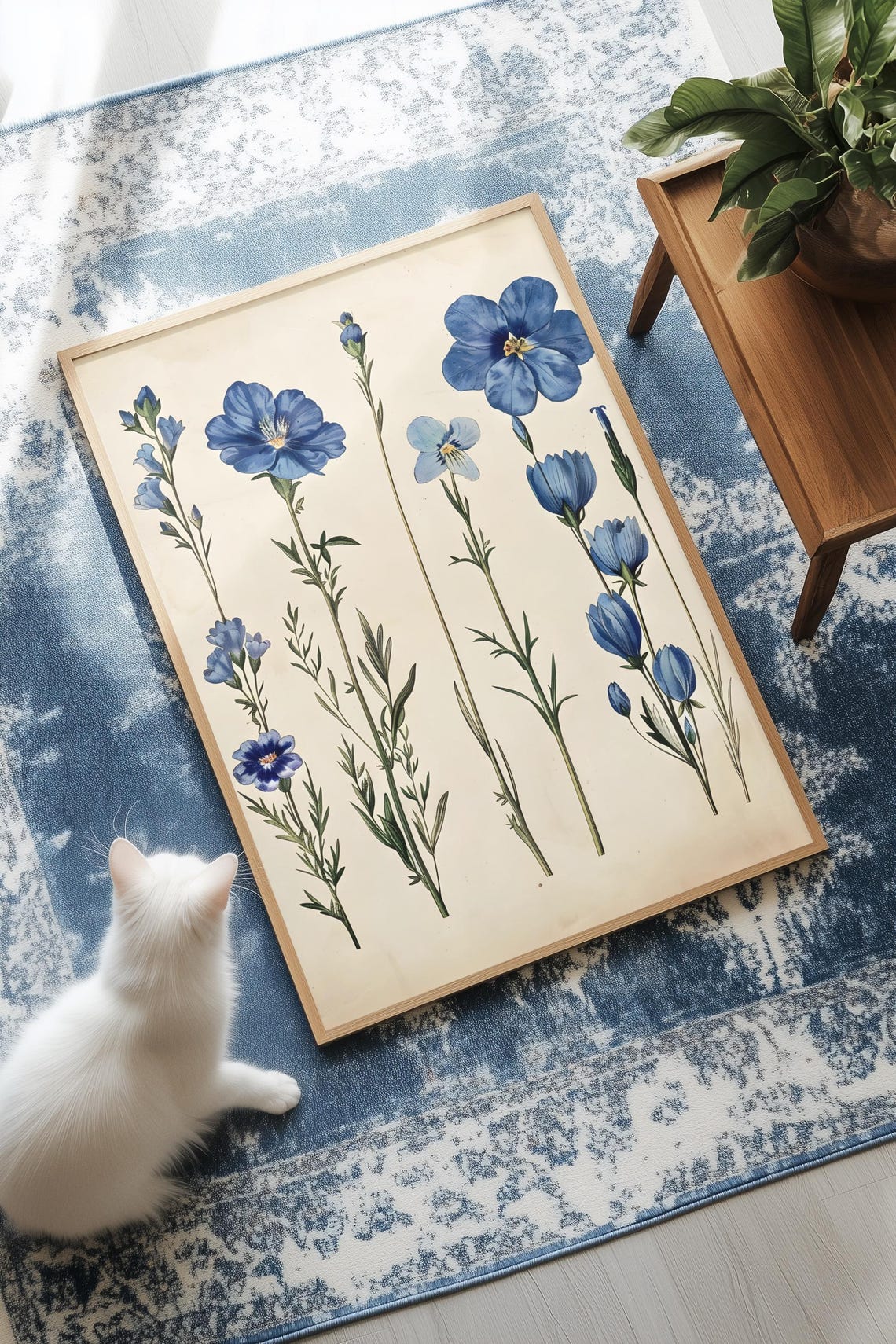 Vintage Blue Flower Botanical Illustrations Poster Elegant Bloom Decor