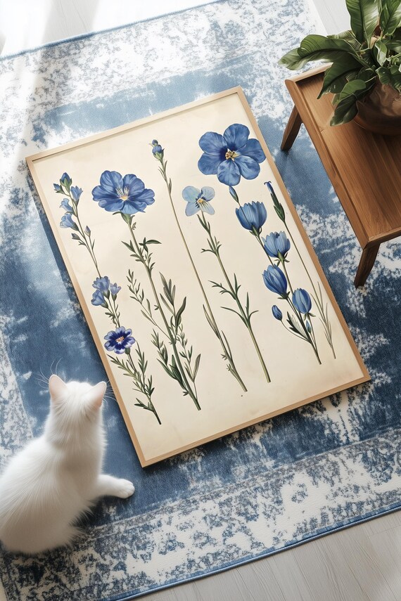 Restored Blue Flower Illustrations Set Of Four Vintage Wall Art
