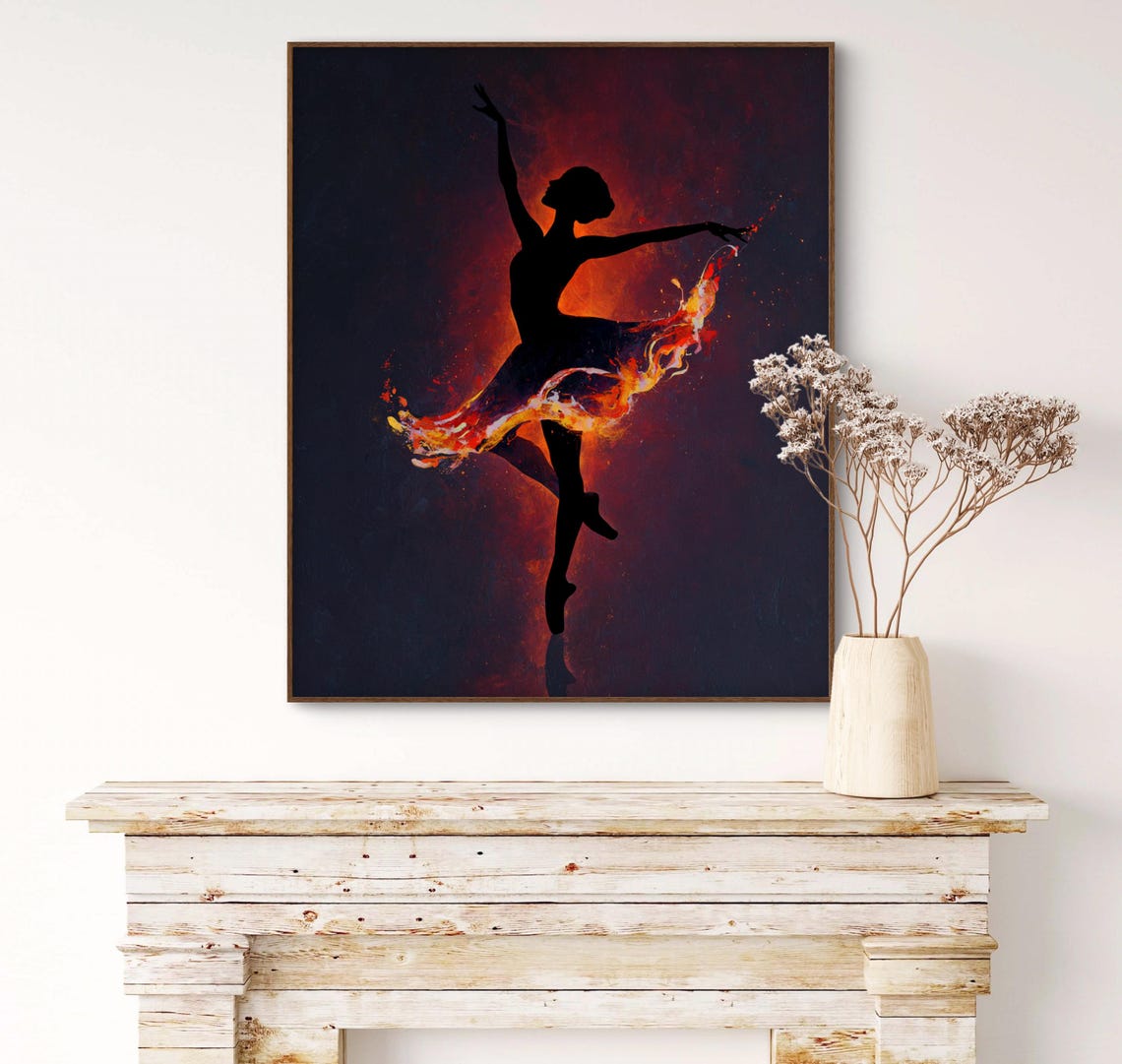 Ballerina Silhouette Fiery Paint Skirt Dramatic Dance Wall Art