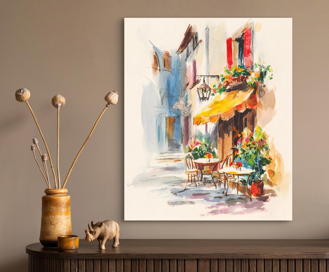 European Street Cafe Watercolor Print with Charming Outdoor Tables