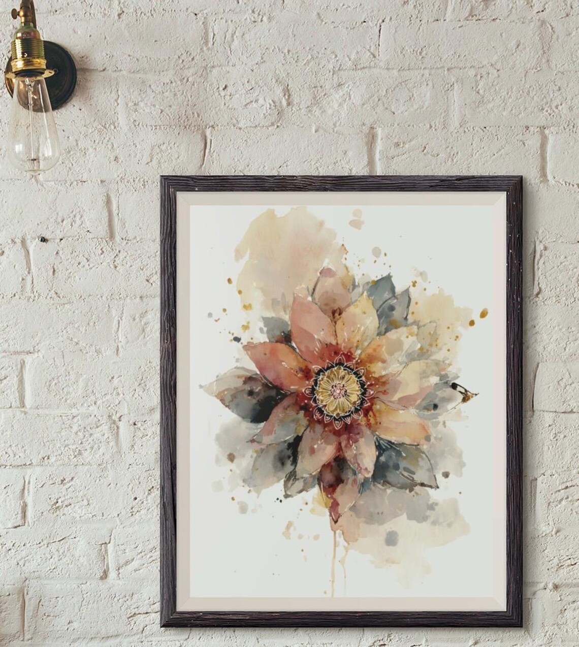 Warm Earthy Watercolor Mandala Flower Poster in Bohemian Style
