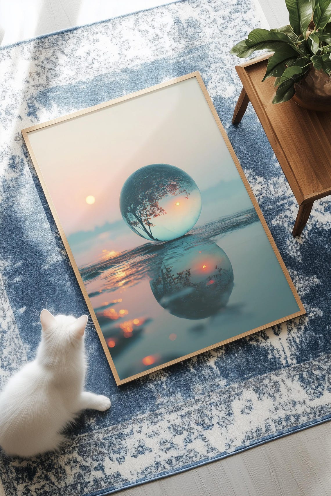 Glass Crystal Ball With Tiny Tree Resting On Water At Sunset Poster