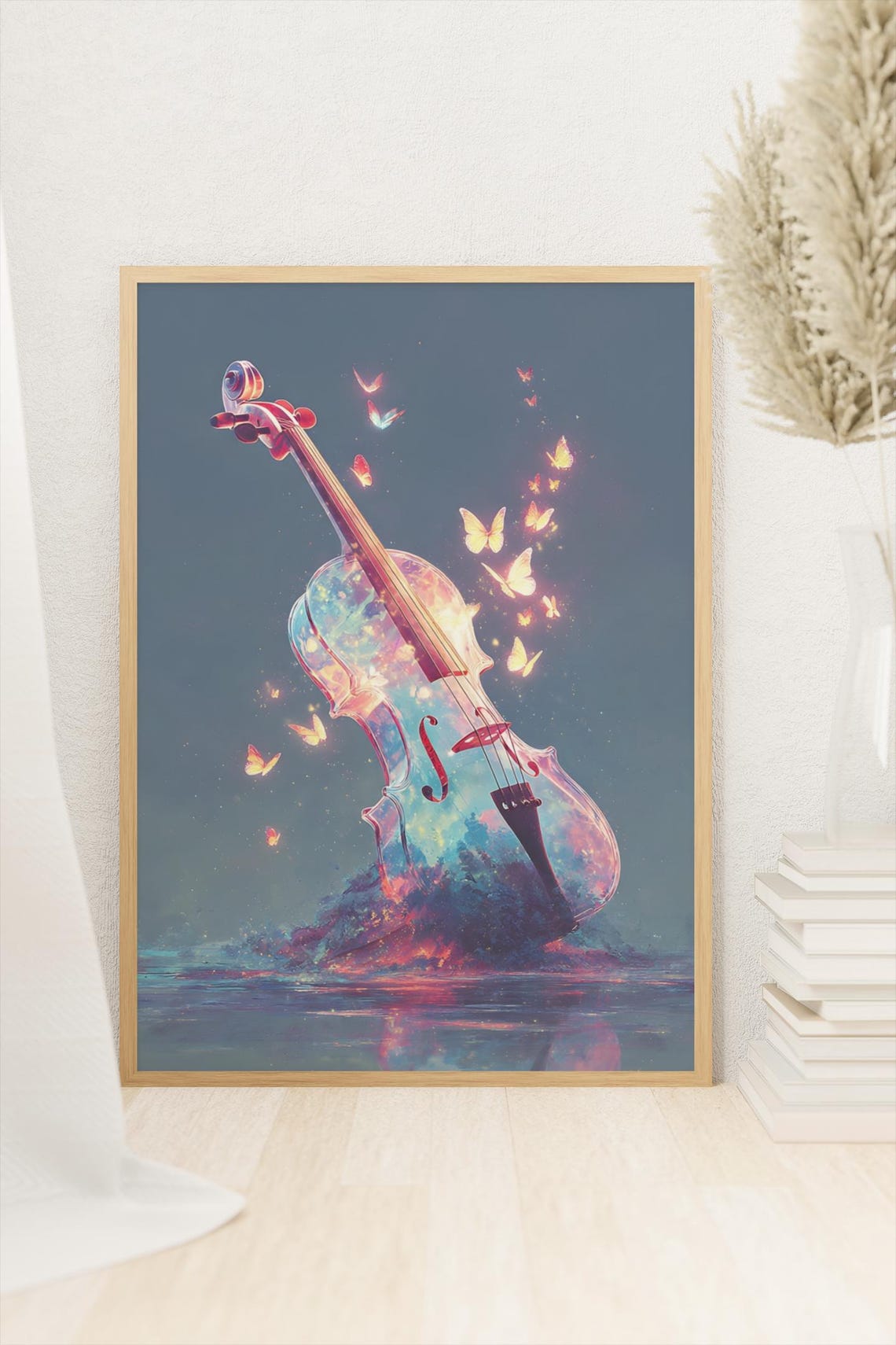 Mystical Surreal Transparent Glass Violin With Butterflies Poster
