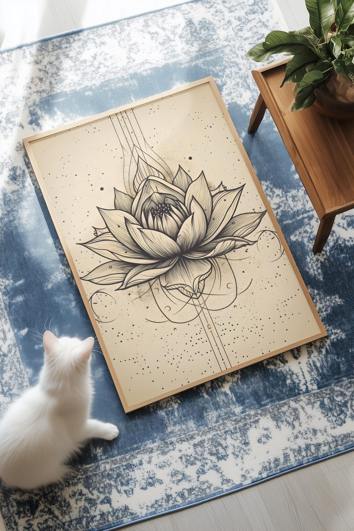 Fine Line Lotus Flower Geometric Boho Minimalist Zen Wall Art