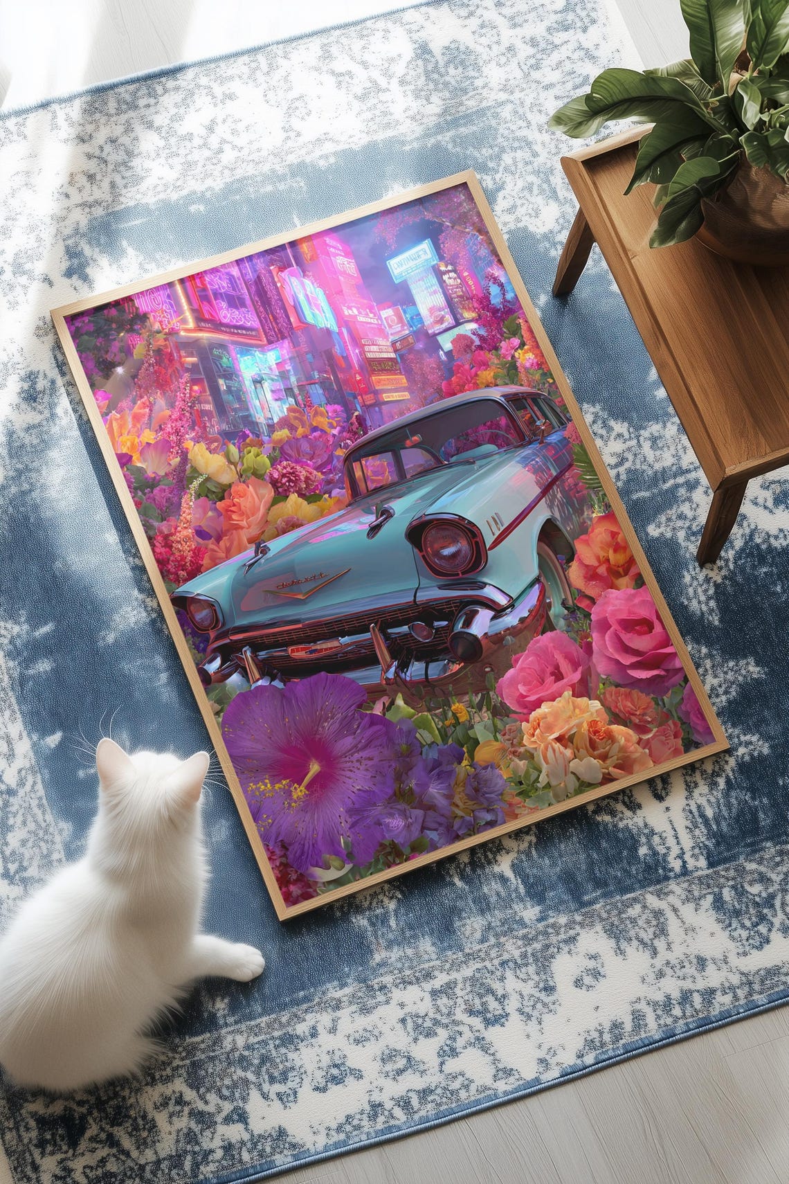 Vintage Classic Car Covered in Flowers Neon City Collage Poster