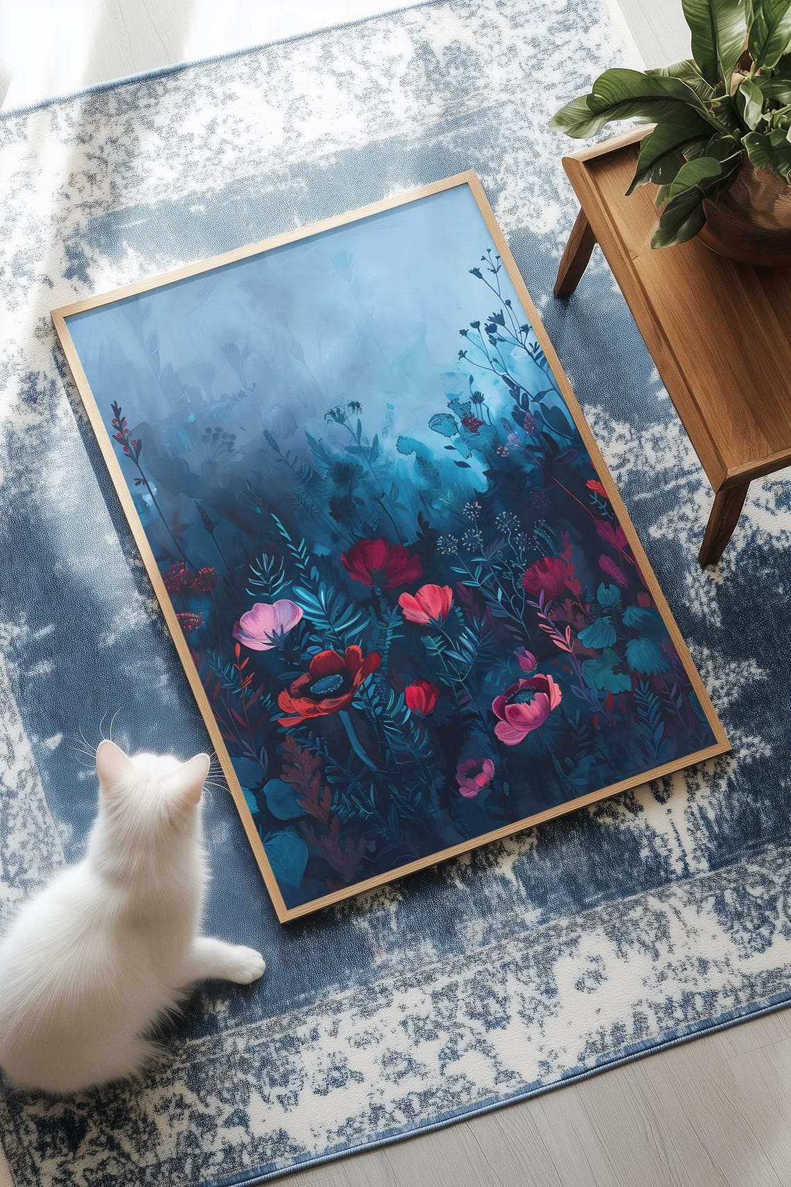 Moody Abstract Flower Garden Burgundy Blue Wall Art