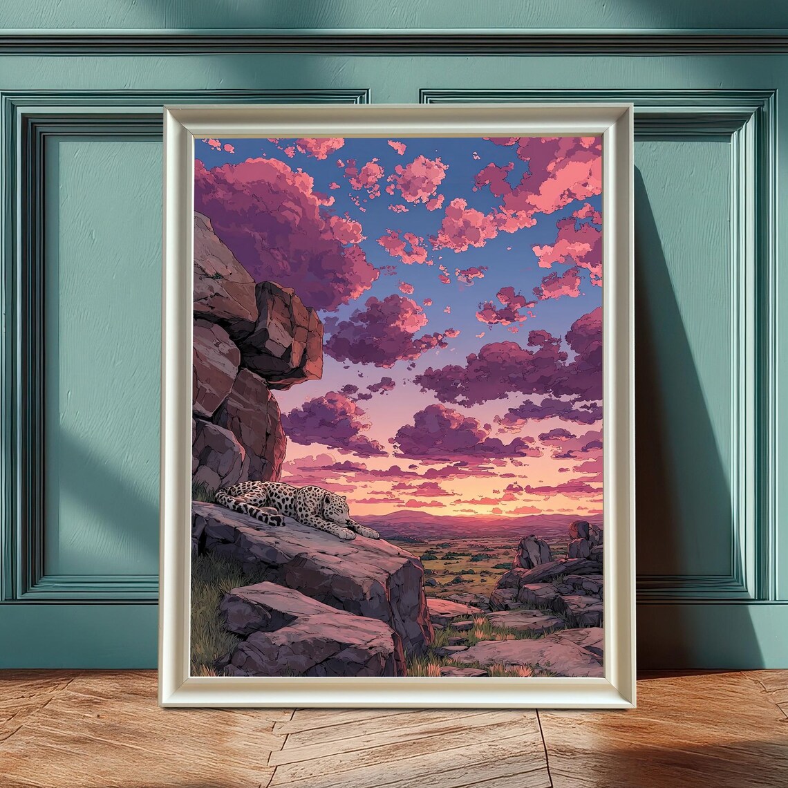 Anime Leopard Sunset Landscape Art Print
