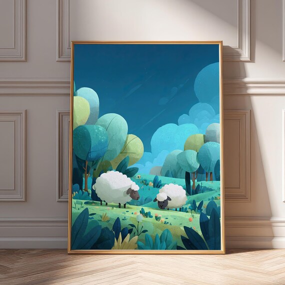 Two Cute Sheep Grazing Blue Forest Whimsical Meadow Nursery Print