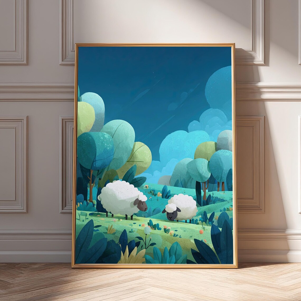 Whimsical Sheep Meadow Wall Art Print Peaceful Nursery Decor Modern Farmhouse Landscape