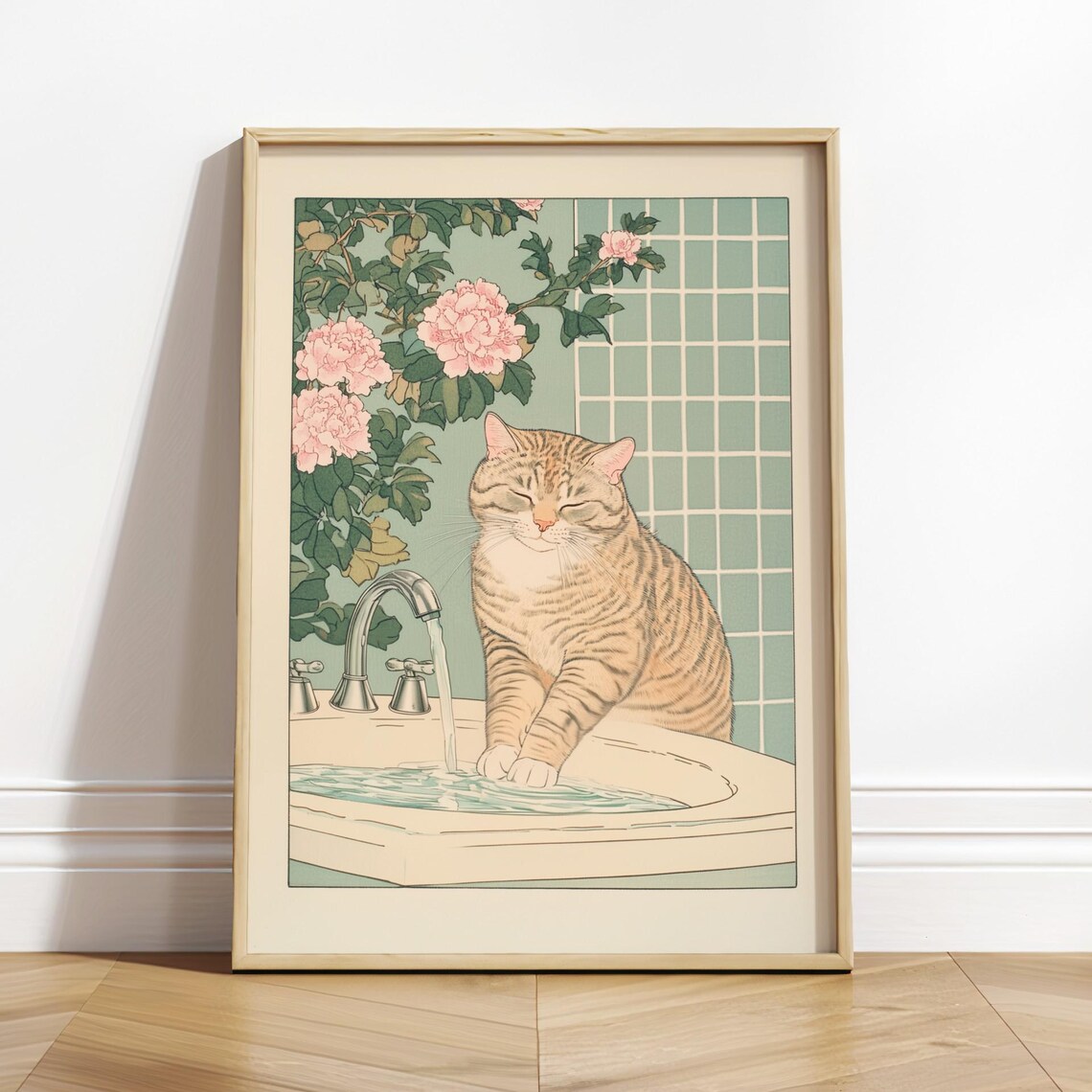 Tabby Cat Bathroom Ukiyoe Japanese Art Print