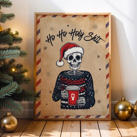 Funny Skeleton Christmas Wall Art Santa Coffee Print For Gifts