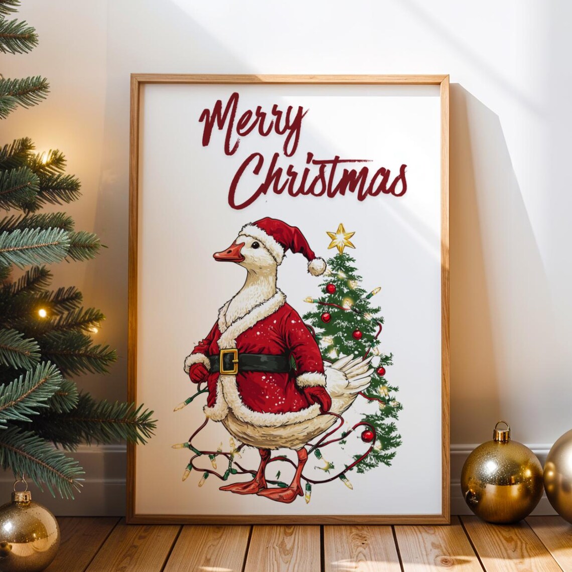 Silly Merry Christmas Goose in Santa Suit Tree Lights Funny Holiday Poster