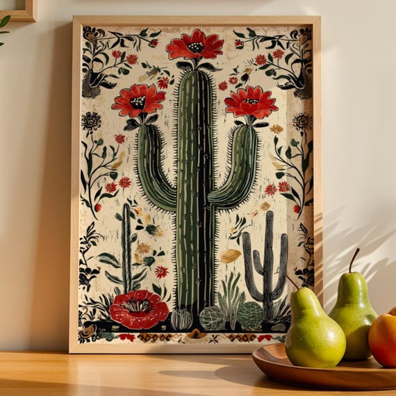 Mexican Cactus Print Vintage Botanical Southwestern Wall Art