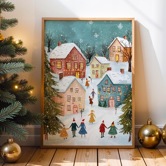 Scandinavian Snowy Village Christmas Eve Whimsical Folk Art Poster