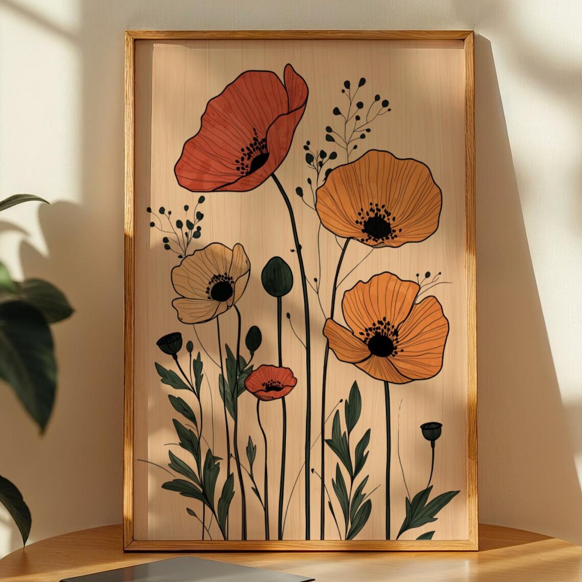 Abstract Botanical Art Poppy Flower Wall Scandinavian Floral