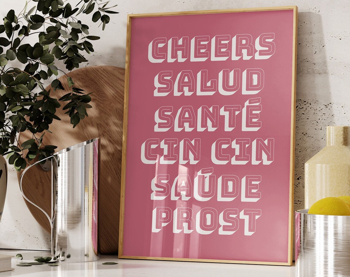 Cheers Salud Sante Multilingual Toast Pink Bar Cart Quote Poster