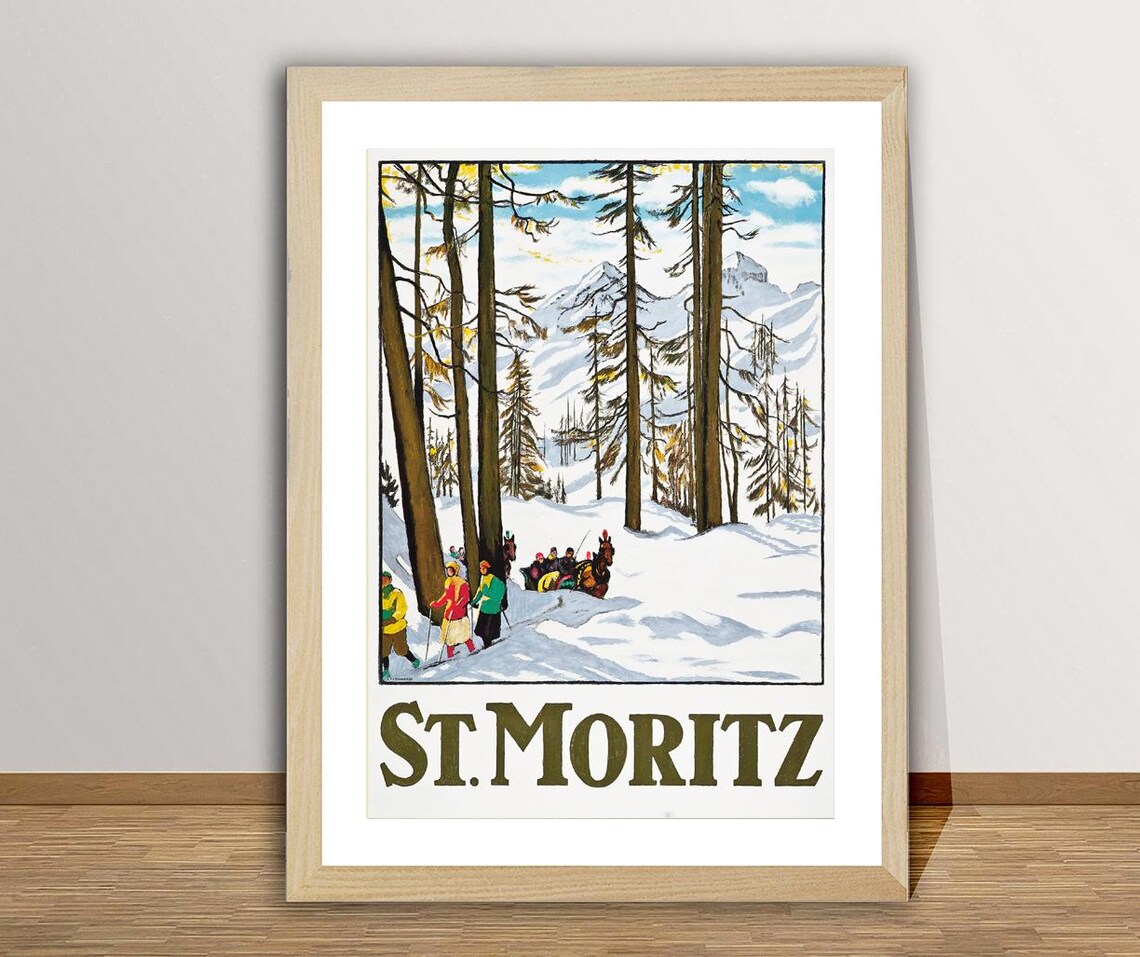 St Moritz Suisse Vintage Ski Travel Poster