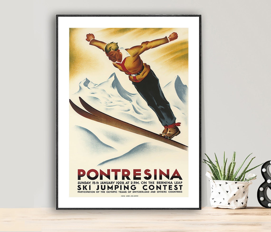 Pontresina 1928 Ski Jumping Contest Bernina Leap Vintage Swiss Poster - Image 2
