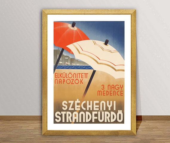 Elklnitett Napozok Szchenyi Strandfrd Hungary Vintage Travel Poster Retro Szchenyi Poster Gift Idea Wall Decor