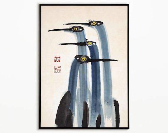 Antique Crane Watercolor Art Print, Japanese Farmhouse Decor