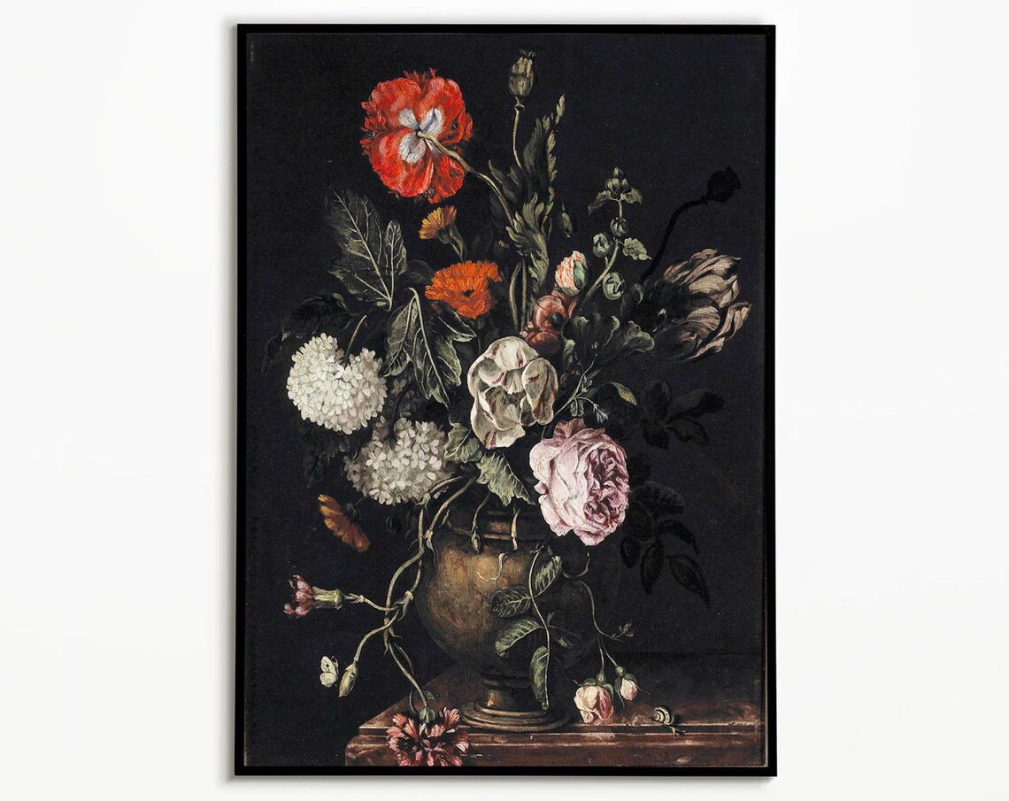 Dark Moody Wildflower Bouquet Floral Still Life Painting Poster
