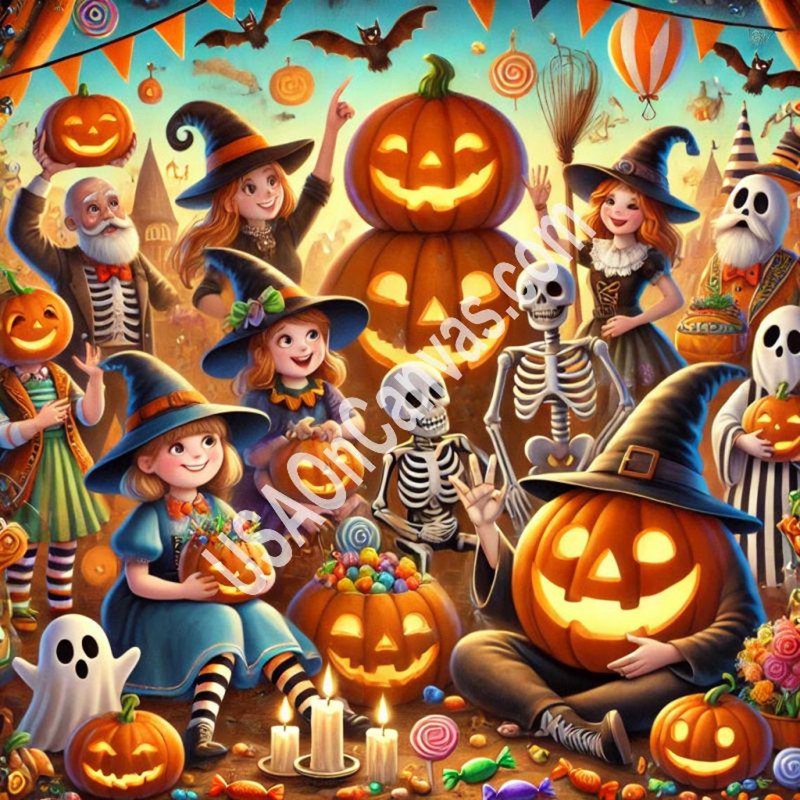 Joyful Halloween Party with Witches Skeletons and Candy Poster