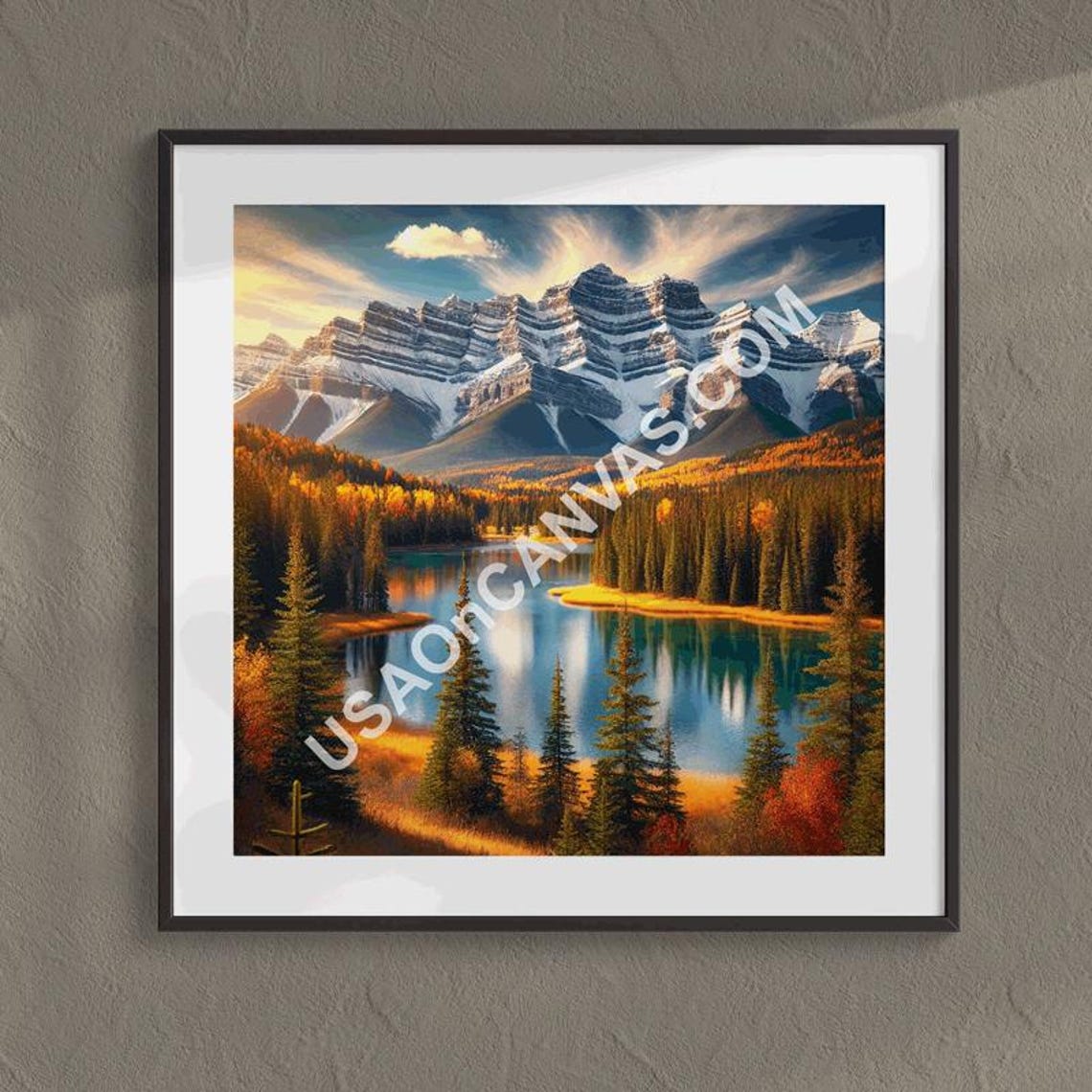 Snow-Capped Mountain Lake with Golden Autumn Pine Forest Poster