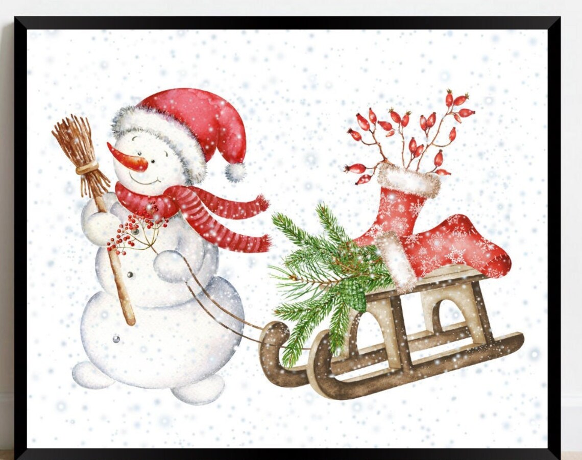 Snowman Watercolor Winter Wall Art Print