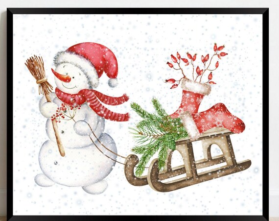Snowman Watercolor Winter Wall Art Print