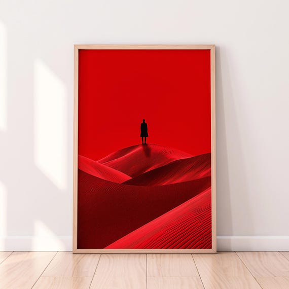 Red Desert Art Surreal Lone Figure Print Abstract Sci Fi Landscape Bold Conceptual Painting Modern Wall Decor