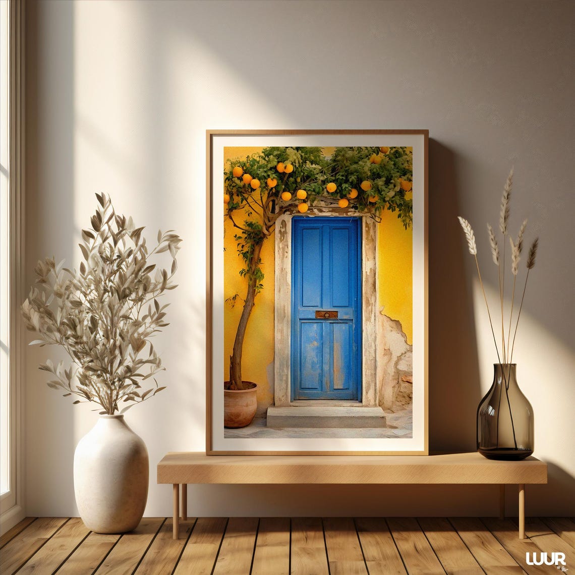 Blue Door And Orange Lemon Tree Mediterranean Courtyard Poster