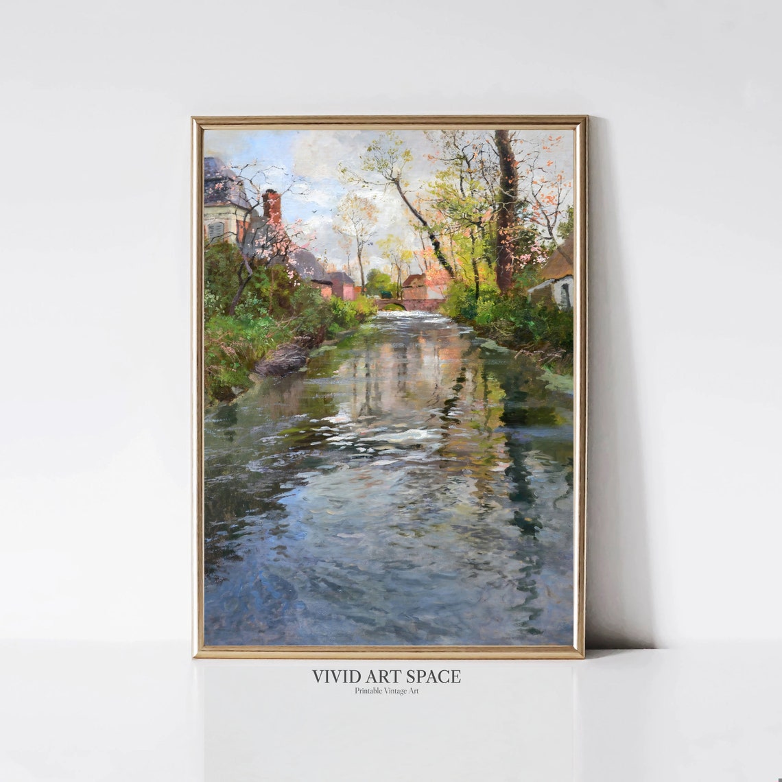 Riverside Village Spring Blossoms Impressionist Landscape Art Print - Image 3