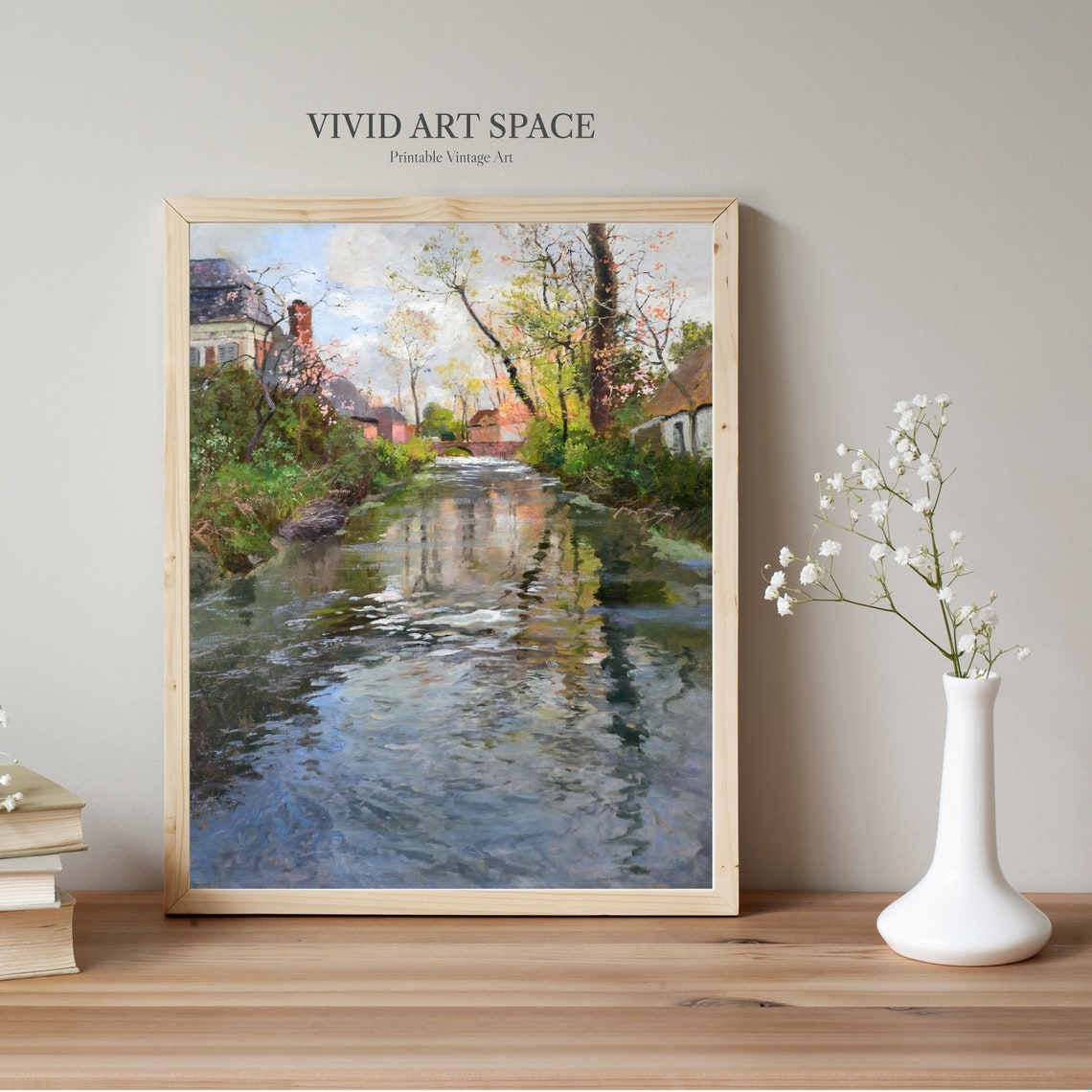 Riverside Village Spring Blossoms Impressionist Landscape Art Print - Image 2