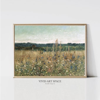 Meadow Wildflowers Painting, Vintage Landscape Print