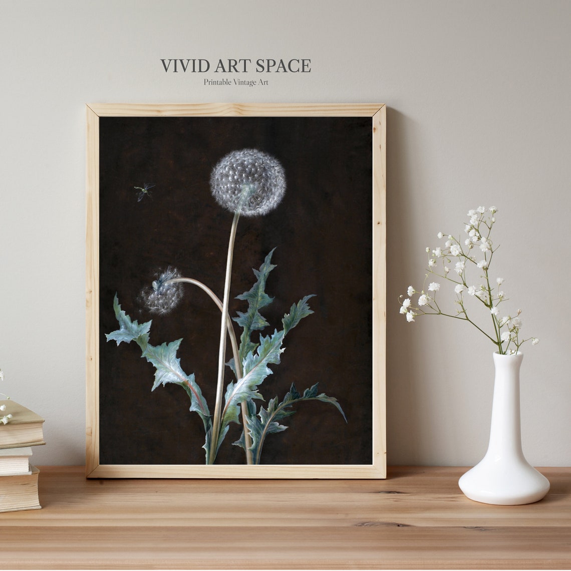 Dandelion Seed Head on Dark Moody Botanical Still Life Art Poster - Image 3